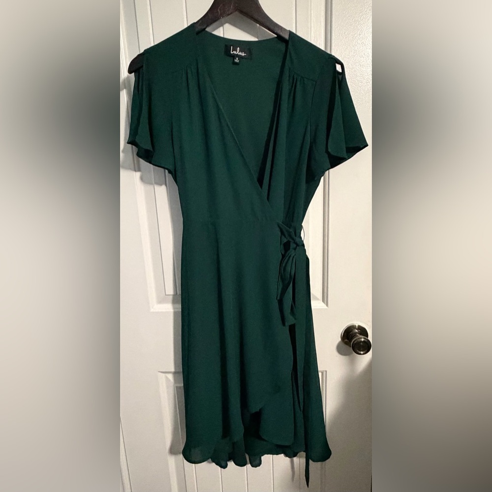 Lulu's Deep Green Wrap Midi Dress